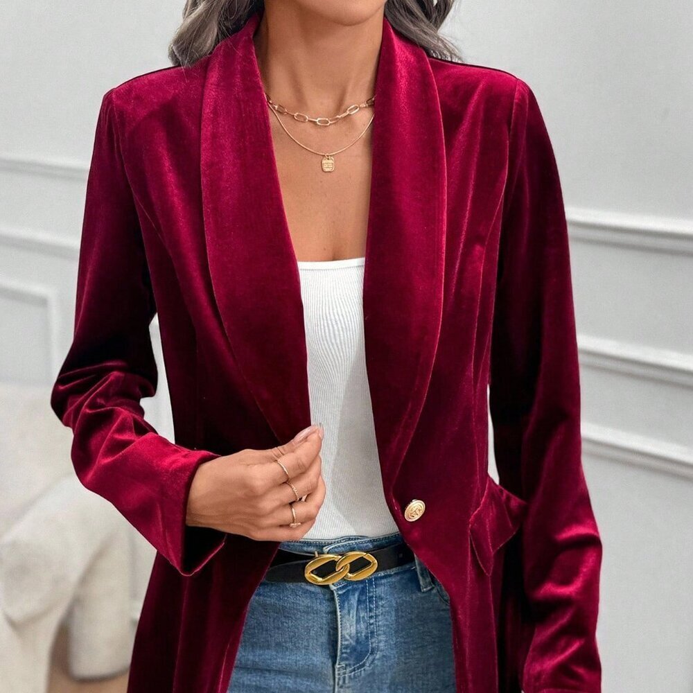 Burgundy Party Women's Elegant Velvet Blazer - Picture 3 of 8